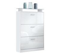 Vladon Zapatero Lavia, Armario para Zapatos para 24 Pares de Zapatos con 3 Puertas abatibles y Estante de Cristal, Blanco Mate/Blanco de Alto Brillo (89 x 128 x 23 cm)