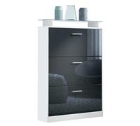 Vladon Zapatero Lavia, Armario para Zapatos para 24 Pares de Zapatos con 3 Puertas abatibles y Estante de Cristal, Blanco Mate/Negro de Alto Brillo (89 x 128 x 23 cm)