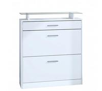 Vladon Zapatero Loret, Armario para Zapatos para 16 Pares de Zapatos con 2 Puertas abatibles y 1 Cajón y Estante de Cristal, Blanco Mate/Blanco Mate (89 x 104 x 23 cm)