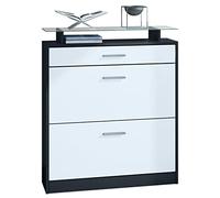Vladon Zapatero Loret, Armario para Zapatos para 16 Pares de Zapatos con 2 Puertas abatibles y 1 Cajón y Estante de Cristal, Negro Mate/Blanco Mate (89 x 104 x 23 cm)