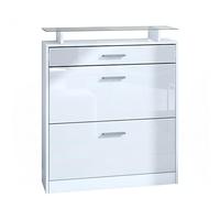 Vladon Zapatero Loret, Armario para Zapatos para 16 Pares de Zapatos con 2 Puertas abatibles y 1 Cajón y Estante de Cristal, Blanco Mate/Blanco de Alto Brillo (89 x 104 x 23 cm)