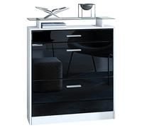 Vladon Zapatero Loret, Armario para Zapatos para 16 Pares de Zapatos con 2 Puertas abatibles y 1 Cajón y Estante de Cristal, Blanco Mate/Negro de Alto Brillo (89 x 104 x 23 cm)