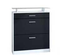 Vladon Zapatero Loret, Armario para Zapatos para 16 Pares de Zapatos con 2 Puertas abatibles y 1 Cajón y Estante de Cristal, Blanco Mate/Negro Mate (89 x 104 x 23 cm)