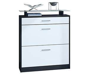 Vladon Zapatero Loret, Armario para Zapatos para 16 Pares de Zapatos con 2 Puertas abatibles y 1 Cajón y Estante de Cristal, Negro Mate/Blanco Mate (89 x 104 x 23 cm)