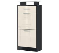 Vladon Zapatero Loret V2, Armario para Zapatos para 8 Pares de Zapatos con 2 Puertas abatibles, 1 Cajón y Estante de Cristal, Negro Mate/Crema de Alto Brillo (46 x 104 x 23 cm)