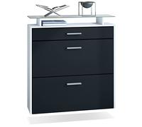 Vladon Zapatero Malea, Zapatero Colgante para 16 Pares de Zapatos con 2 Puertas abatibles y 1 Cajón y Estante de Cristal, Blanco Mate/Negro Mate (89 x 96 x 23 cm)