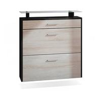 Vladon Zapatero Malea, Zapatero Colgante para 16 Pares de Zapatos con 2 Puertas abatibles y 1 Cajón y Estante de Cristal, Negro Mate/Roble áspero (89 x 96 x 23 cm)