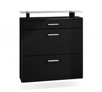Vladon Zapatero Malea, Zapatero Colgante para 16 Pares de Zapatos con 2 Puertas abatibles y 1 Cajón y Estante de Cristal, Negro Mate/Negro Mate (89 x 96 x 23 cm)