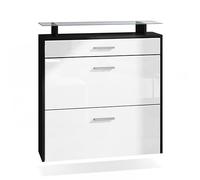 Vladon Zapatero Malea, Zapatero Colgante para 16 Pares de Zapatos con 2 Puertas abatibles y 1 Cajón y Estante de Cristal, Negro Mate/Blanco de Alto Brillo (89 x 96 x 23 cm)