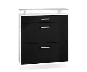 Vladon Zapatero Malea, Zapatero Colgante para 16 Pares de Zapatos con 2 Puertas abatibles y 1 Cajón y Estante de Cristal, Blanco Mate/Negro Mate (89 x 96 x 23 cm)