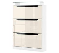 Vladon Zapatero Space, Armario para Zapatos para 24 Pares de Zapatos con 3 Puertas abatibles y Estante de Cristal, Blanco Mate/Crema de Alto Brillo (89 x 128 x 23 cm)