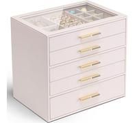 Vlando Caja de Joyería para Mujeres, Organizador de Joyas con Tapa de Vidrio y 5 Cajones para Anillo, Collar, Pendiente, Pulsera, Regalo para Mujeres, Rosa
