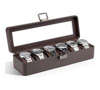 Vlando Caja de reloj con 6 ranuras, estuche de cuero texturizado, caja de almacenamiento de reloj con cerradura con almohadas extraíbles, regalos para marido, marrón oscuro