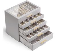 Vlando Caja grande de joyas con 5 niveles, organizador de joyas con tapa de vidrio, 5 cajones, para collares, pendientes, relojes, pulseras, almacenamiento de joyas, moderno, Cinderella Plus, gris