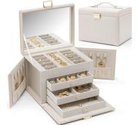 Vlando Caja grande para joyas con 4 niveles, joyero de PU cuero, caja de joyería con espejo y cajones, organizador de joyas, forro interior de terciopelo, amarillo claro