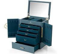 Vlando Caja organizadora de joyas grande, caja de almacenamiento de joyas de 6 capas con espejo y 9 cajones para pendientes, collares, anillos y organizador de relojes para mujeres y niñas