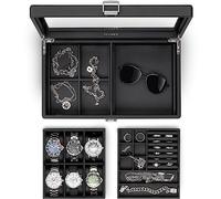Vlando Caja para relojes con decekel de cristal, caja de reloj para hombre, almacenamiento de joyas, vitrina multifuncional con 6 cojines para relojes