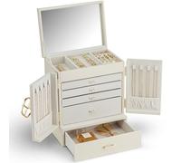 Vlando Gran joyero francés de 6 niveles - Organizador de joyas - Tamaño grande XXL - Con espejo, cajones, almacenamiento de joyas para mujer - Para pendientes, collares, relojes (beige)