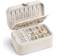 VLANDO Joyero con 2 niveles, almacenamiento de joyas pequeño, joyero con estilo, organizador de joyas para pendientes, estuche de viaje para joyas, idea de regalo para mujeres, color beige