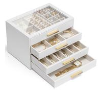 Vlando Joyero con 4 niveles, organizador de joyas con tapa de cristal, para collares, pendientes, relojes, pulseras, almacenamiento de joyas, moderno, color blanco