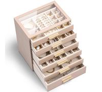 Vlando Joyero con 6 niveles, caja para joyas, organizador de joyas con tapa de cristal, para collares, pendientes, relojes, pulseras, moderno, café con leche