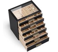 VLANDO Joyero con 6 niveles, caja para joyas, organizador de joyas con tapa de cristal, para collares, pendientes, relojes, pulseras, moderno, negro