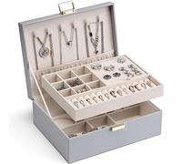 Vlando Joyero de 2 capas, organizador de joyas grande para mujer, bandeja extraíble para collares, aretes, anillos, pulseras, cajas de joyería para regalo para mujer