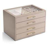 Vlando Joyero de 4 capas para mujer, organizador de joyas con tapa de cristal con 4 cajones para collares, anillos, aretes, pulseras, color caramelo