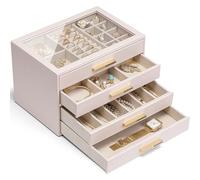 Vlando Joyero de 4 niveles con 4 niveles, organizador de joyas con tapa de cristal, para collares, pendientes, relojes, pulseras, almacenamiento de joyas, moderno, color rosa