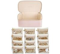 Vlando Joyero de viaje, moderno joyero con 12 bolsas de joyas, organizador de joyas de viaje de piel, bolsa de terciopelo transparente, estuche para joyas para mujeres, niñas, regalo, rosa