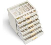 Vlando Joyero Grande, Caja de joyas con 6 niveles, Organizador de joyas con tapa de cristal, 6 cajones, para collares, pendientes, relojes, pulseras, almacenamiento de joyas, Moderno, Cinderella Plus