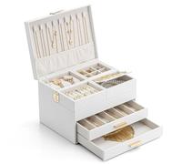 Vlando Joyero grande con 2 cajones, almacenamiento de joyas para mujer, bandeja para joyas, organizador con cajón para collares, anillos, pulseras, pendientes, madres y niñas, color blanco