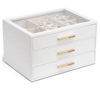 Vlando Joyero grande con 3 niveles, organizador de joyas con tapa de cristal, 3 cajones, para collares, pendientes, relojes, pulseras, almacenamiento de joyas, moderno, Cenicienta Plus Blanco