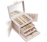 Vlando Joyero grande con 4 niveles, joyero de piel sintética, joyero con espejo y cajones, organizador de joyas, forro interior de terciopelo, color beige