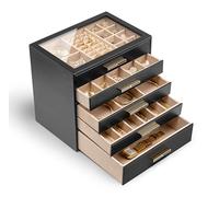 Vlando Joyero grande con 5 niveles, organizador de joyas con tapa de cristal, 5 cajones, para collares, pendientes, relojes, pulseras, almacenamiento de joyas, moderno, negro