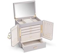 Vlando Joyero grande con 6 niveles, organizador de joyas francés, tamaño XXL, con espejo, cajones, mujer, joyero para pendientes, cadenas, relojes, gris