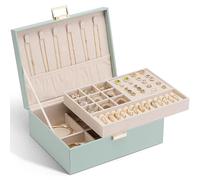 Vlando Joyero grande de 2 niveles, organizador de joyas con bandeja extraíble para anillos, pendientes, collares, verde claro