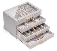 Vlando Joyero grande, joyero con 4 niveles, organizador de joyas con tapa de cristal, 4 cajones, para collares, pendientes, relojes, pulseras, almacenamiento de joyas, moderno