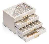 Vlando Joyero grande, joyero con 4 niveles, organizador de joyas con tapa de cristal, 4 cajones, para collares, pendientes, relojes, pulseras, almacenamiento de joyas, moderno, Cinderella Plus, beige