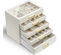 Vlando Joyero Grande, joyero con 5 niveles, organizador de joyas con tapa de cristal, 5 cajones, para collares, pendientes, relojes, pulseras, almacenamiento de joyas, moderno, Cinderella Plus, Beige