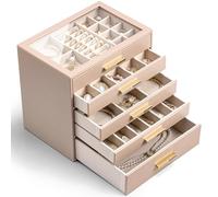 Vlando Joyero Grande, joyero con 5 niveles, organizador de joyas con tapa de cristal, 5 cajones, para collares, pendientes, relojes, pulseras, almacenamiento de joyas, moderno, color café con leche