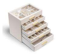 Vlando Joyero Grande, joyero con 5 niveles, organizador de joyas con tapa de cristal, 5 cajones, para collares, pendientes, relojes, pulseras, almacenamiento de joyas, moderno, Cinderella Plus, Beige