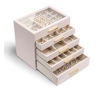 Vlando Joyero Grande, joyero con 5 niveles, organizador de joyas con tapa de cristal, 5 cajones, para collares, pendientes, relojes, pulseras, almacenamiento de joyas, moderno, Cinderella Plus, rosa