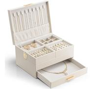 VLANDO Joyero grande, joyeros mujer organizador con bandeja extensible, joyero mujer con cajón para collares, anillos, pulseras, pendientes, madres y niñas, beige