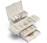 VLANDO Joyero grande, organizador de joyas de 4 capas con cajón para collares, anillos, pulseras, pendientes, regalo para mujeres, parejas, madres y niñas, color blanco