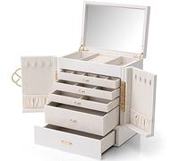 Vlando Joyero grande, organizador de joyas de 5 capas con bandeja extraíble para collares, aretes, anillos, pulseras, vitrina de almacenamiento de joyas para mujer, regalo para mujer, color blanco