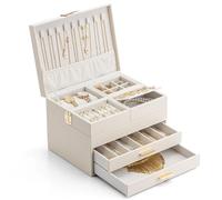 Vlando Joyero grande para mujer, almacenamiento de joyas con 2 cajones, bandeja organizador de joyas con cajón para collares, anillos, pulseras, pendientes, madres y niñas, beige
