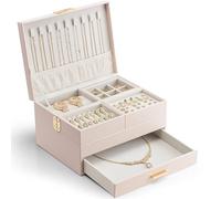 Vlando Joyero grande para mujer, almacenamiento extensible con bandeja, organizador de joyas con cajón para collares, anillos, pulseras, pendientes, madres y niñas, rosa