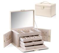 Vlando Joyero grande para mujer, caja de joyería de piel sintética de alta gama, con 3 cajones, almacenamiento de joyas con cerradura, aretes, broches, organizador de relojes (blanco pricot)..