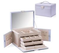 Vlando Joyero grande para mujer, caja de joyería de piel sintética de alta gama, con 3 cajones, almacenamiento de joyas con cerradura, aretes, anillos, collares, organizador de relojes, color morado